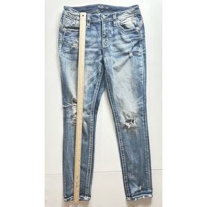 Miss Me Distressed Embellished Blue Denim Skinny Jeans Stretch Rhinestone Button